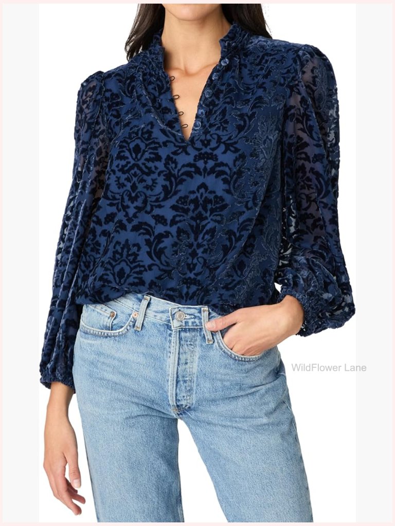 Velvet Burnout Button Down Top Mock Neck Long Sleeve